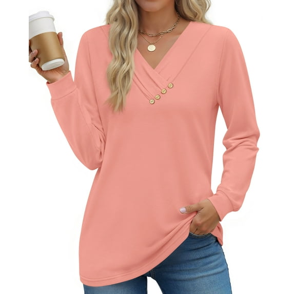 Fantaslook V Neck Blouses for Women Dressy Casual Tops Button Long Sleeve Shirts Trendy Fall Tops