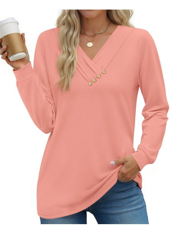 V Neck Blouses for Women Dressy Casual Tops Button Long Sleeve Shirts Trendy Fall Tops