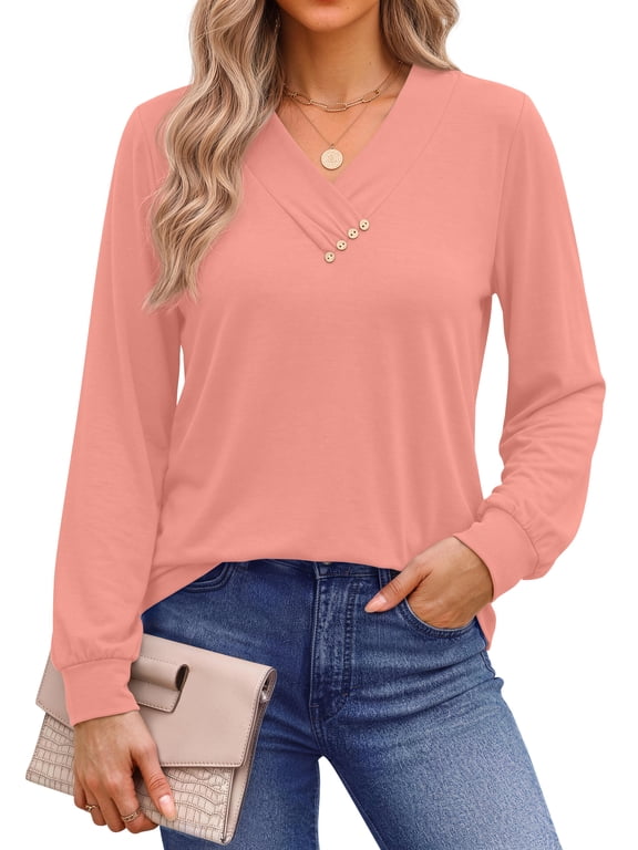 V Neck Blouses for Women Dressy Casual Tops Button Long Sleeve Shirts Trendy Fall Tops