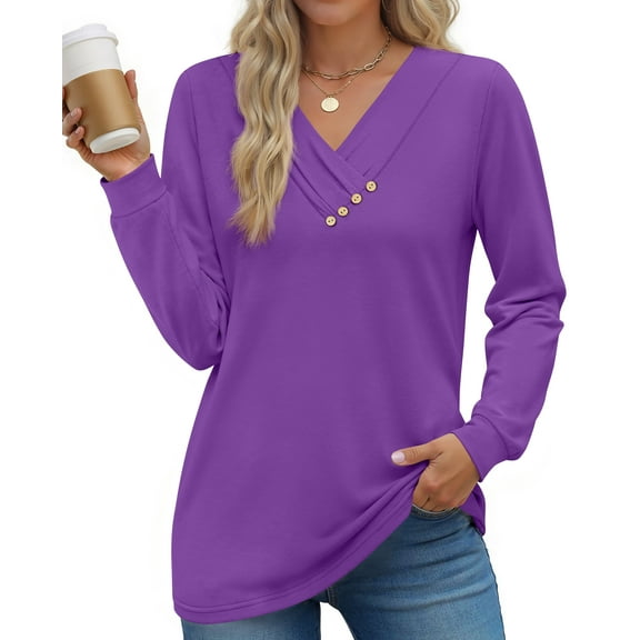 Fantaslook V Neck Blouses for Women Dressy Casual Tops Button Long Sleeve Shirts Trendy Fall Tops