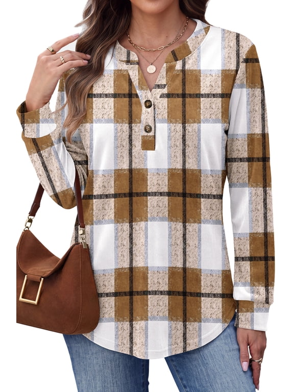 V Neck Button Sweatshirt for Women Pullover Long Sleeve Shirts Fall Fashion Tunic Tops