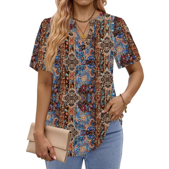 Fantaslook V Neck Henley Blouses for Women Dressy Casual Tops Summer Short Sleeve Shirts Fashion Clothes