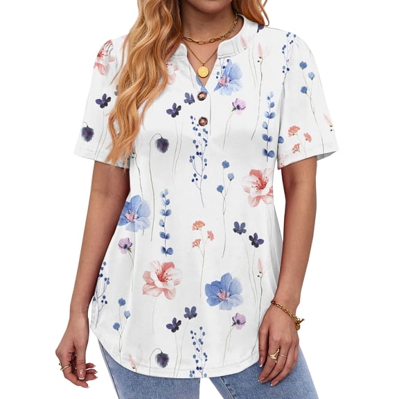 Fantaslook V Neck Henley Blouses for Women Dressy Casual Tops Summer Short Sleeve Shirts Fashion Clothes