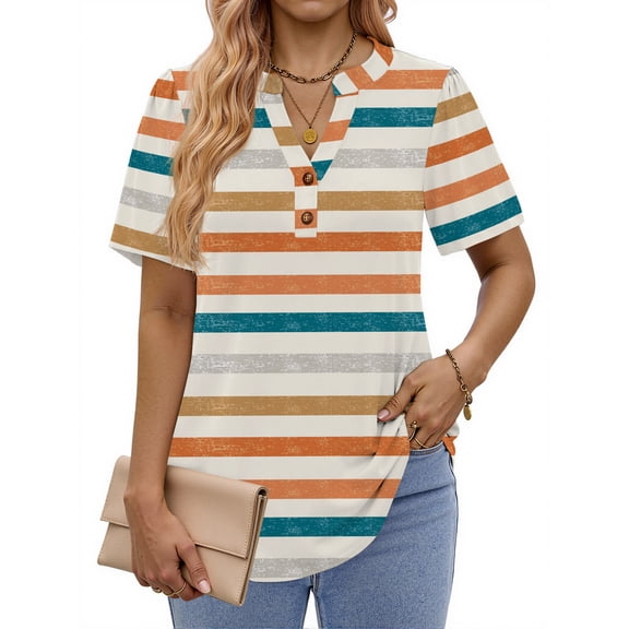 Fantaslook V Neck Henley Blouses for Women Dressy Casual Tops Summer Short Sleeve Shirts Fashion Clothes