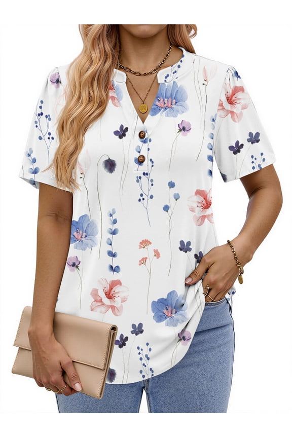 V Neck Henley Blouses for Women Dressy Casual Tops Summer Short Sleeve Shirts Fashion Clothes