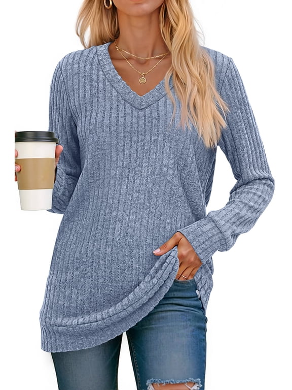 V Neck Long Sleeve Shirts for Women Dressy Casual Fall Tops Lightweight Tunic Pullover Fashion Clothes