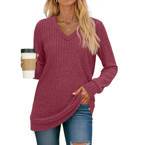 Fantaslook V Neck Long Sleeve Shirts for Women Dressy Casual Fall Tops Lightweight Tunic Pullover Fashion Clothes