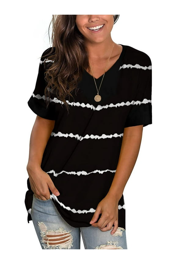 V Neck Short Sleeve T Shirts for Women Summer Tops Basic Casual Striped Tee