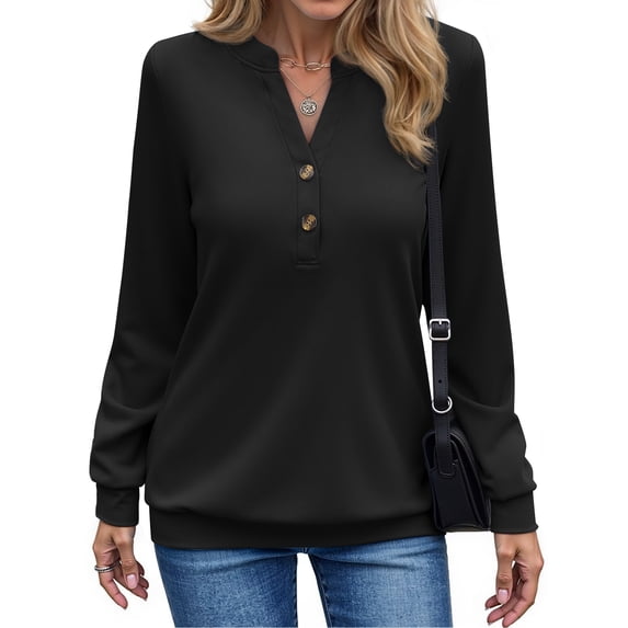 Fantaslook V Neck Sweatshirts for Women Casual Long Sleeve Shirts Button Pullover Tops Fashion Fall Outfits