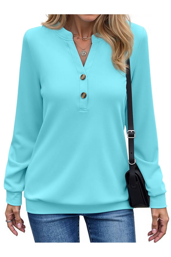 V Neck Sweatshirts for Women Casual Long Sleeve Shirts Button Pullover Tops Fashion Fall Outfits