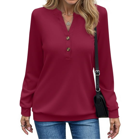 Fantaslook V Neck Sweatshirts for Women Casual Long Sleeve Shirts Button Pullover Tops Fashion Fall Outfits