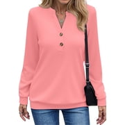 Fantaslook V Neck Sweatshirts for Women Casual Long Sleeve Shirts Button Pullover Tops Fashion Fall Outfits