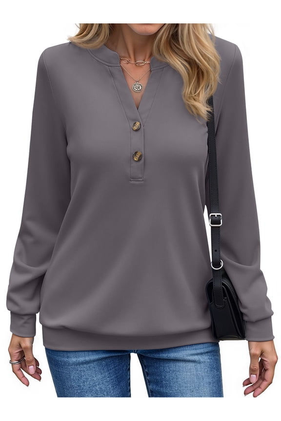 V Neck Sweatshirts for Women Casual Long Sleeve Shirts Button Pullover Tops Fashion Fall Outfits