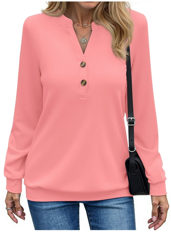 V Neck Sweatshirts for Women Casual Long Sleeve Shirts Button Pullover Tops Fashion Fall Outfits