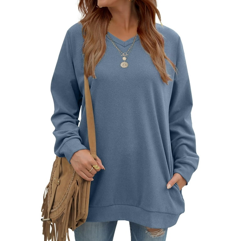 Fantaslook V Neck Sweatshirts for Women Casual Long Sleeve Tops Oversized Sweatshirt With Pockets