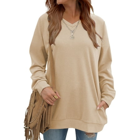 Fantaslook V Neck Sweatshirts for Women Casual Long Sleeve Tops Oversized Sweatshirt With Pockets