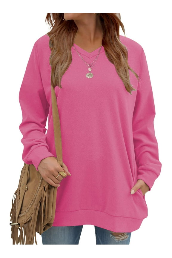 V Neck Sweatshirts for Women Casual Long Sleeve Tops Oversized Sweatshirt With Pockets