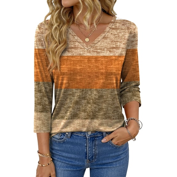 Fantaslook V Neck T Shirts for Women 3/4 Sleeve Tunic Tops Dressy Casual Blouses Boho Basics Tee Summer Fall Clothes