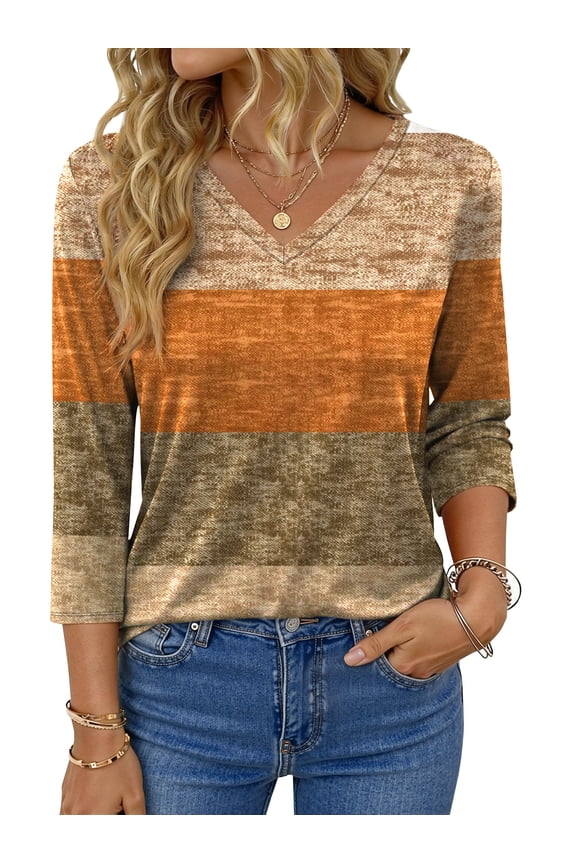 V Neck T Shirts for Women 3/4 Sleeve Tunic Tops Dressy Casual Blouses Boho Basics Tee Summer Fall Clothes