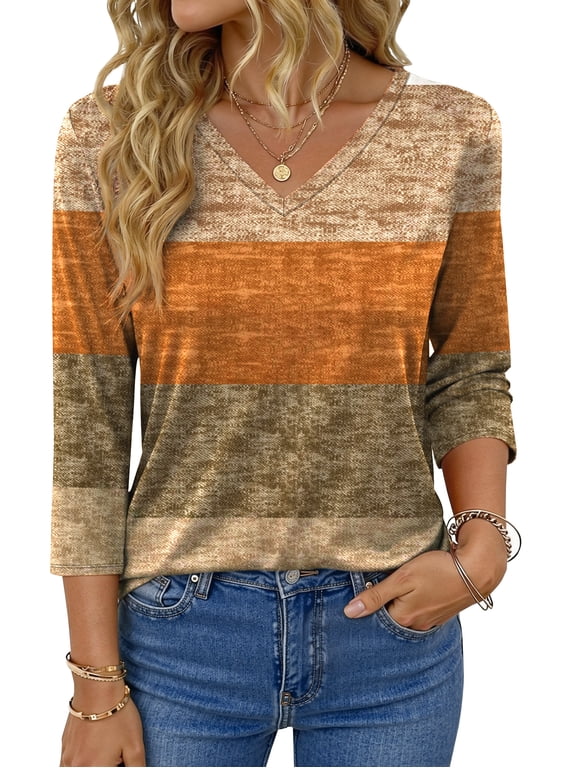 V Neck T Shirts for Women 3/4 Sleeve Tunic Tops Dressy Casual Blouses Boho Basics Tee Summer Fall Clothes