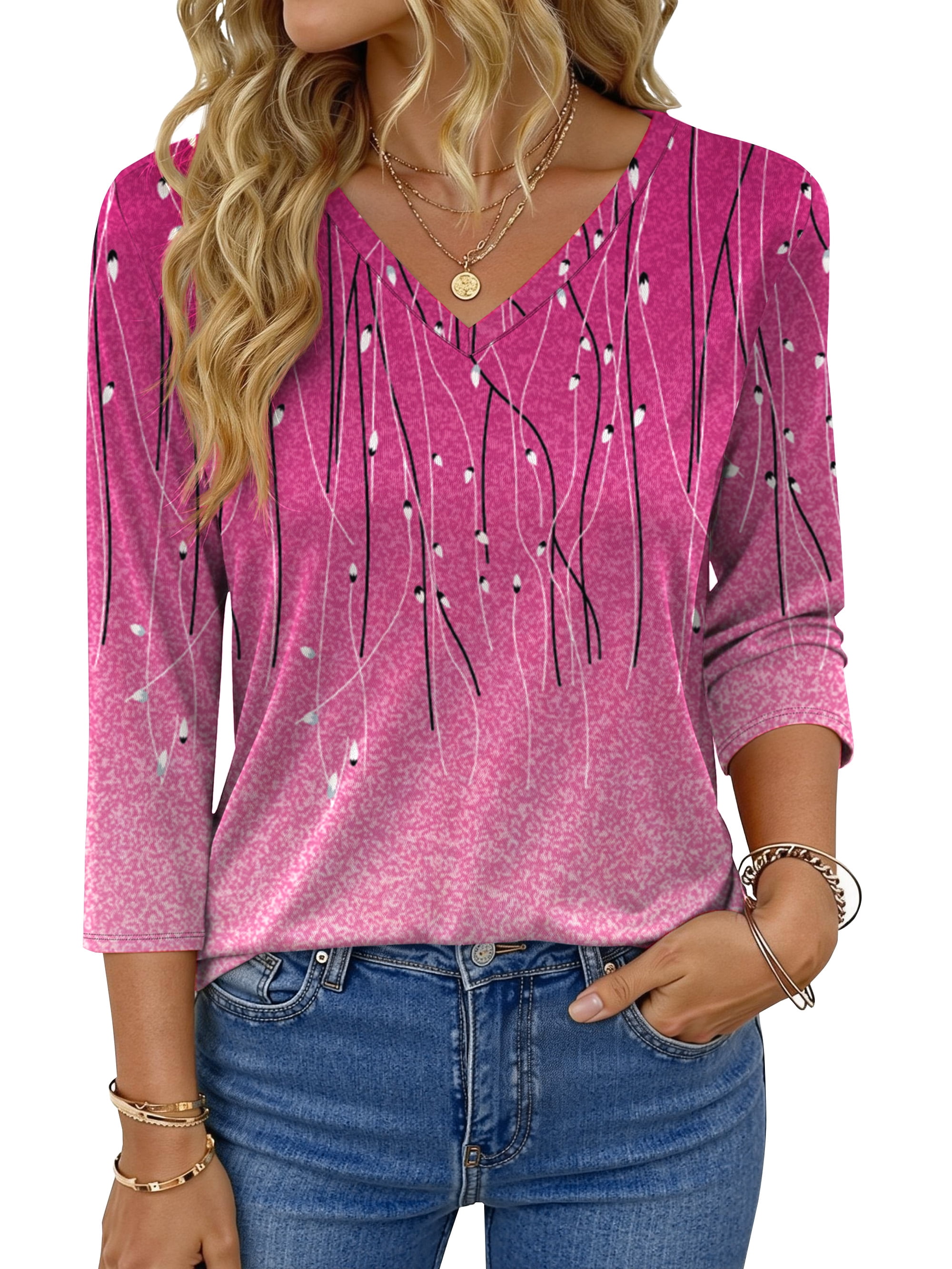 Fantaslook V Neck T Shirts for Women 3/4 Sleeve Tunic Tops Dressy ...