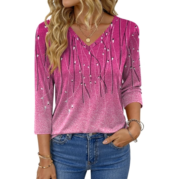 Fantaslook V Neck T Shirts for Women 3/4 Sleeve Tunic Tops Dressy Casual Blouses Boho Basics Tee Summer Fall Clothes