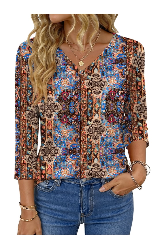 V Neck T Shirts for Women 3/4 Sleeve Tunic Tops Dressy Casual Blouses Boho Basics Tee Summer Fall Clothes