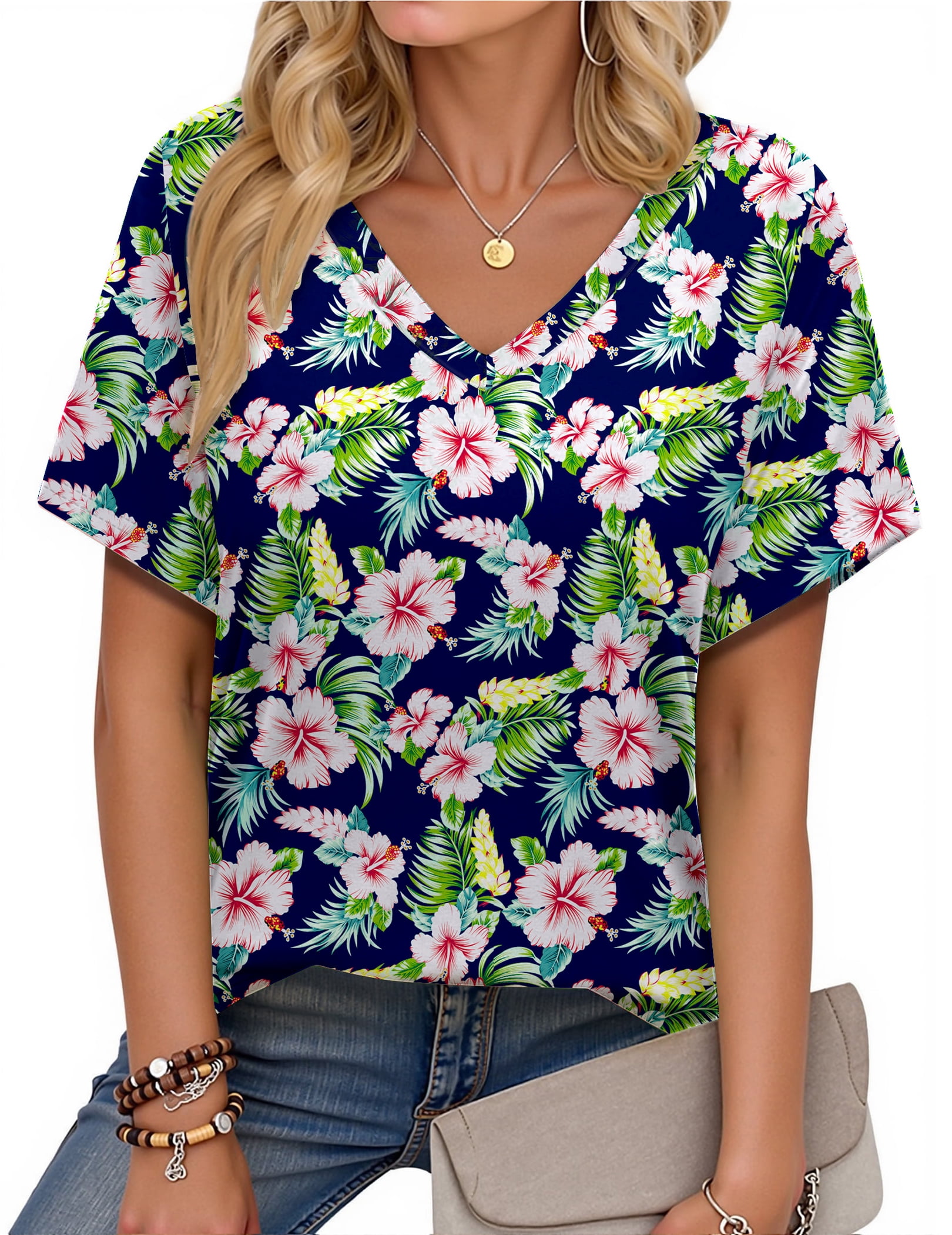 Fantaslook V Neck T Shirts for Women Floral Summer Tops Short Sleeve ...