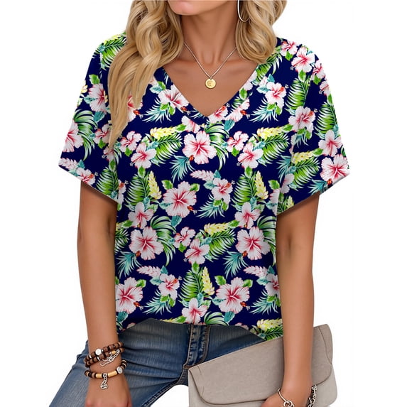 Fantaslook V Neck T Shirts for Women Floral Summer Tops Short Sleeve Shirts Casual Tunic Tops
