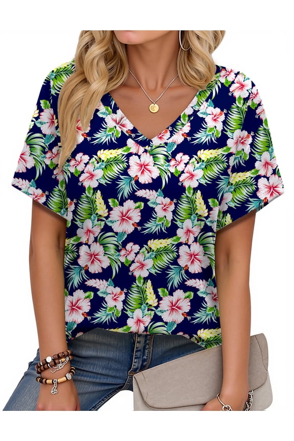 V Neck T Shirts for Women Floral Summer Tops Short Sleeve Shirts Casual Tunic Tops