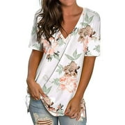 Fantaslook V Neck T Shirts for Women Floral Summer Tops Short Sleeve Shirts Casual Tunic Tops