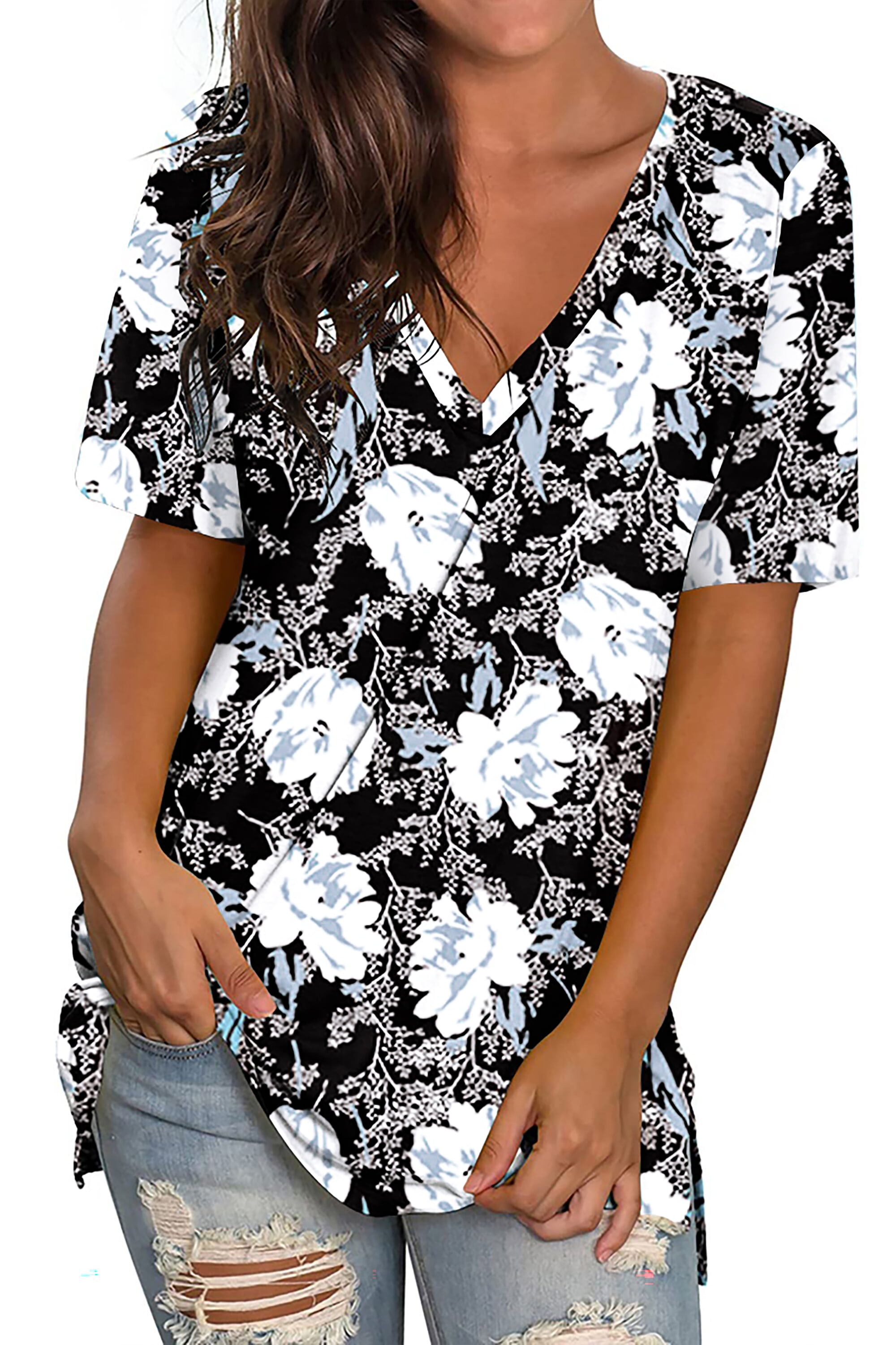 Fantaslook Trendy V Neck Floral T Shirts for Women, Summer Casual Tunic ...