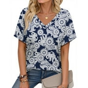 Fantaslook V Neck T Shirts for Women Floral Summer Tops Short Sleeve Shirts Casual Tunic Tops