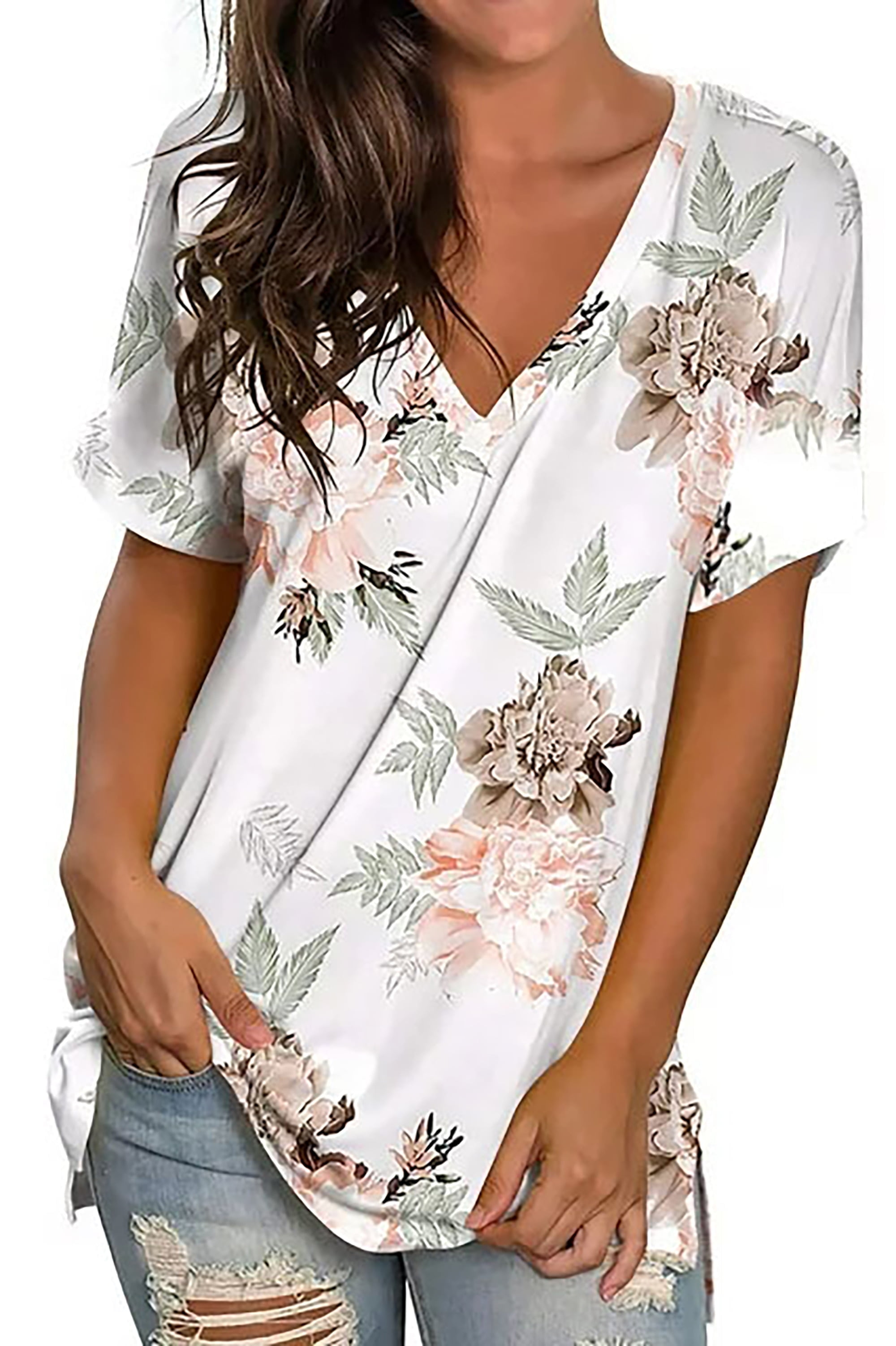 EHQJNJ Cotton V Neck T Shirts Women Suitable Fall Floral Printed