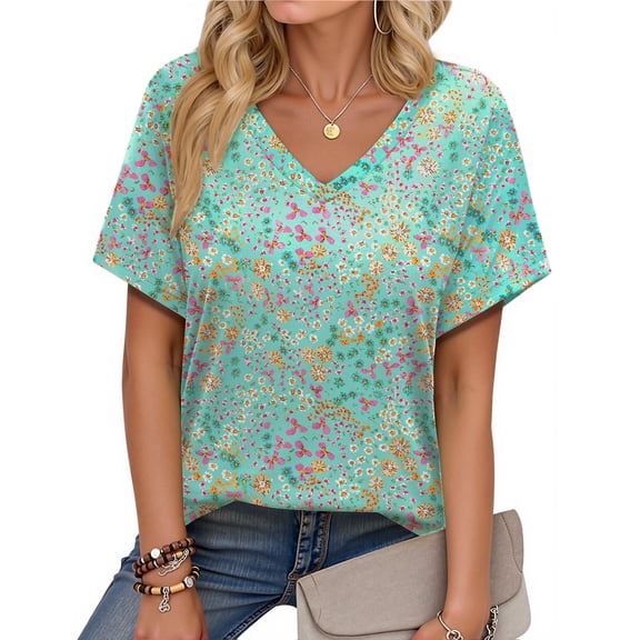 Fantaslook V Neck T Shirts for Women Floral Summer Tops Short Sleeve Shirts Casual Tunic Tops