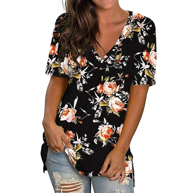 Fantaslook Trendy V Neck Floral T Shirts for Women, Summer Casual Tunic ...
