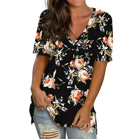 Fantaslook V Neck T Shirts for Women Floral Summer Tops Short Sleeve Shirts Casual Tunic Tops