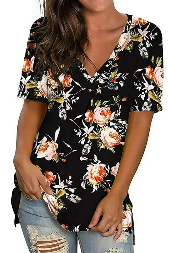 V Neck T Shirts for Women Floral Summer Tops Short Sleeve Shirts Casual Tunic Tops