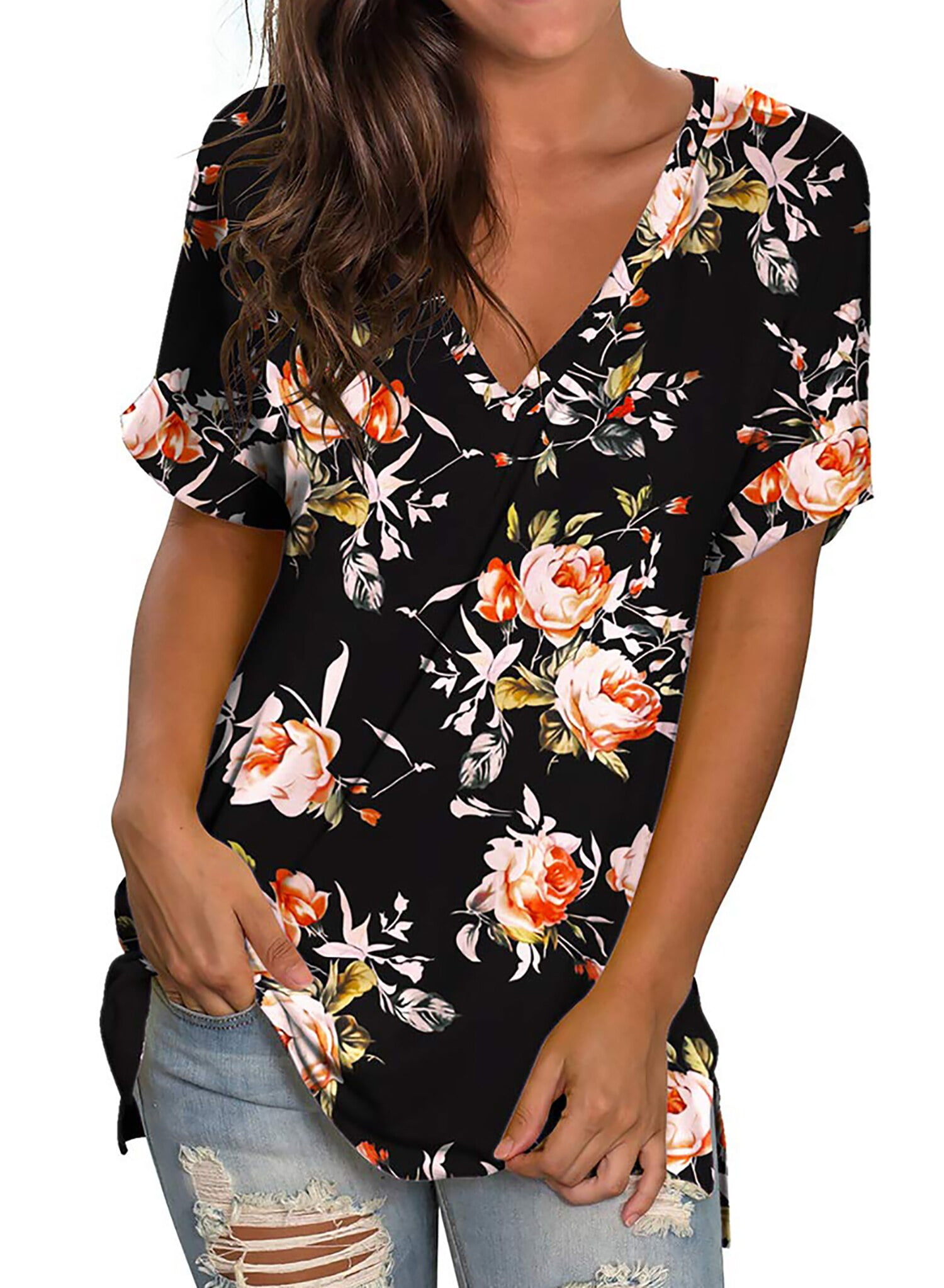 Fantaslook V Neck T Shirts for Women Floral Summer Tops Short Sleeve ...