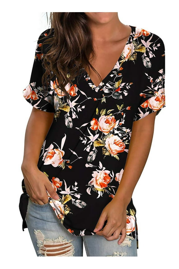 V Neck T Shirts for Women Floral Summer Tops Short Sleeve Shirts Casual Tunic Tops