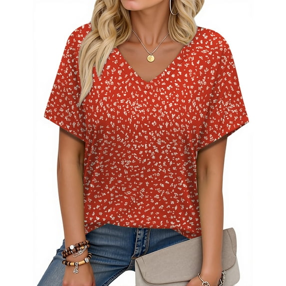 Fantaslook V Neck T Shirts for Women Floral Summer Tops Short Sleeve Shirts Casual Tunic Tops