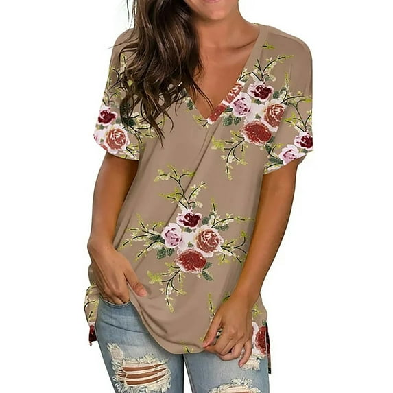 Fantaslook V Neck T Shirts for Women Floral Summer Tops Short Sleeve Shirts Casual Tunic Tops