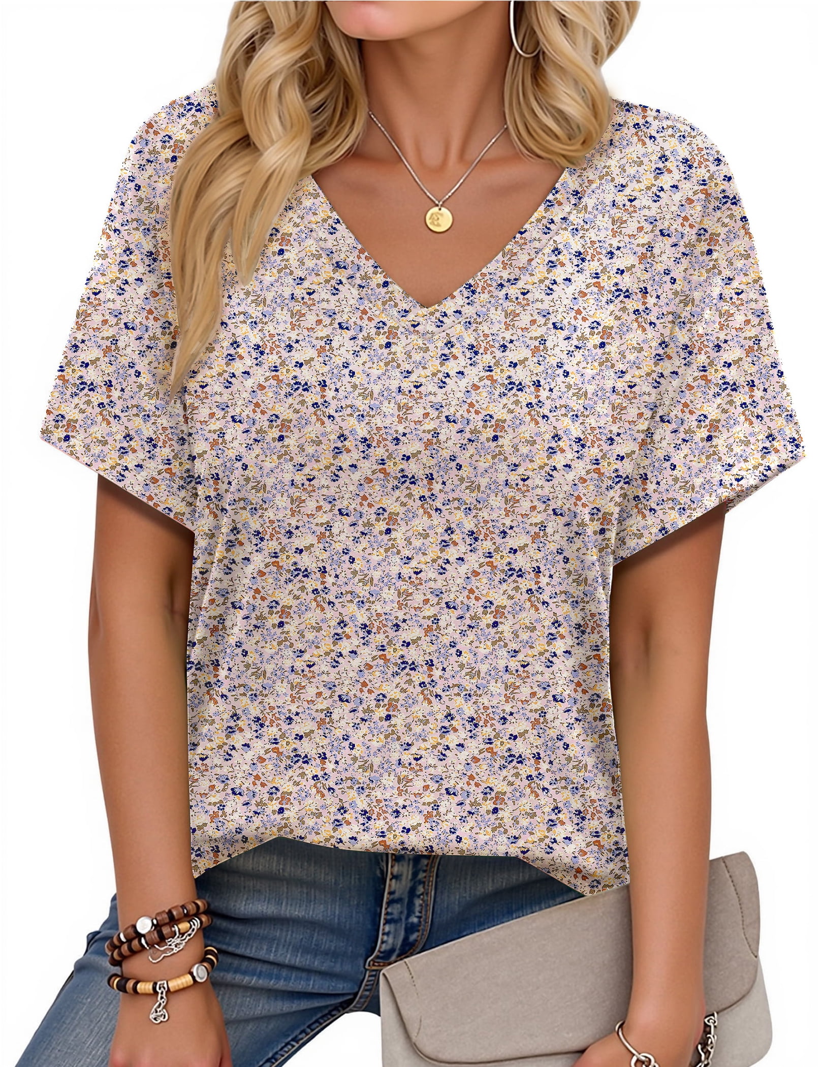 Fantaslook, V Neck T Shirts for Women, Pink, Floral Summer Tops ...