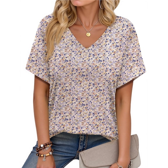 Fantaslook V Neck T Shirts for Women Floral Summer Tops Short Sleeve Shirts Casual Tunic Tops