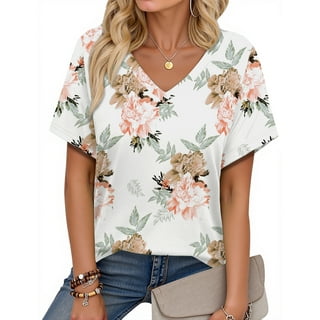 Fantaslook V Neck T Shirts for Women Floral Summer Tops Short Sleeve Shirts Casual Tunic Tops