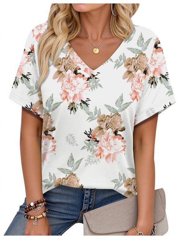 V Neck T Shirts for Women Floral Summer Tops Short Sleeve Shirts Casual Tunic Tops