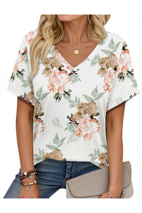 V Neck T Shirts for Women Floral Summer Tops Short Sleeve Shirts Casual Tunic Tops
