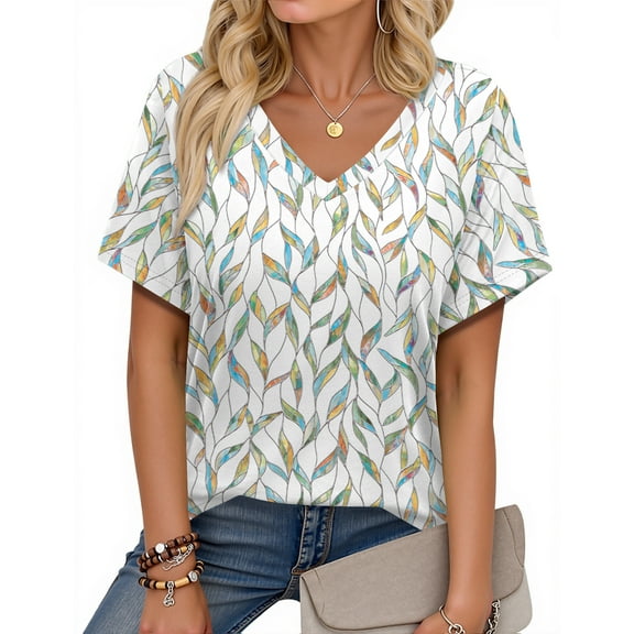 Fantaslook V Neck T Shirts for Women Floral Summer Tops Short Sleeve Shirts Casual Tunic Tops