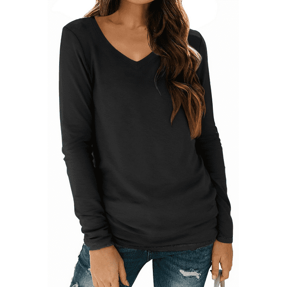 Fantaslook V Neck T Shirts for Women Long Sleeve Tops Solid Color Tee Casual Shirts