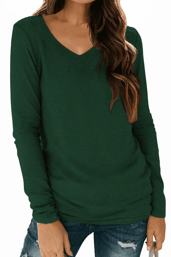 V Neck T Shirts for Women Long Sleeve Tops Solid Color Tee Casual Shirts